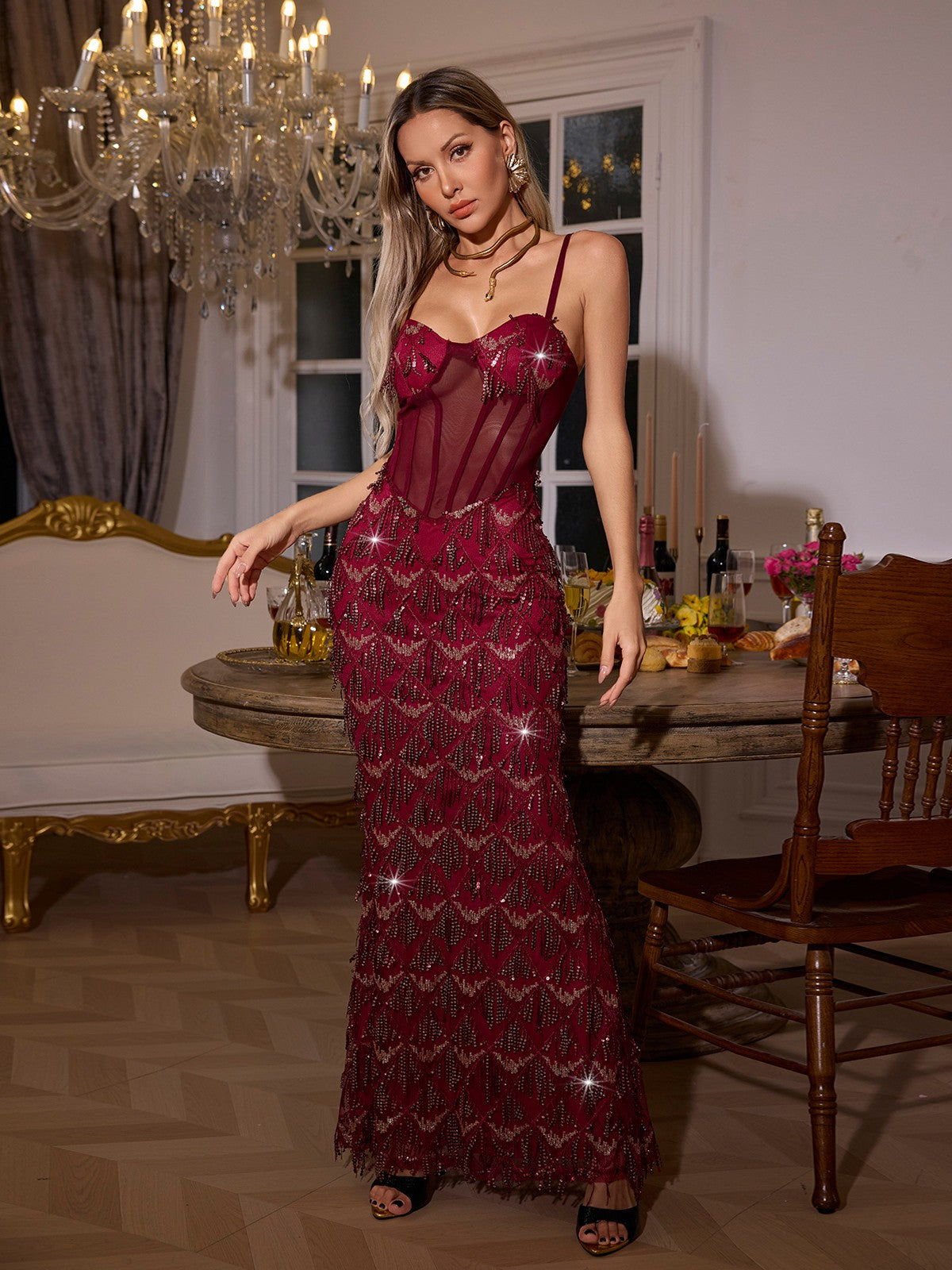 Mew Mews Ottis Sequin Fringe Maxi Dress in Red
