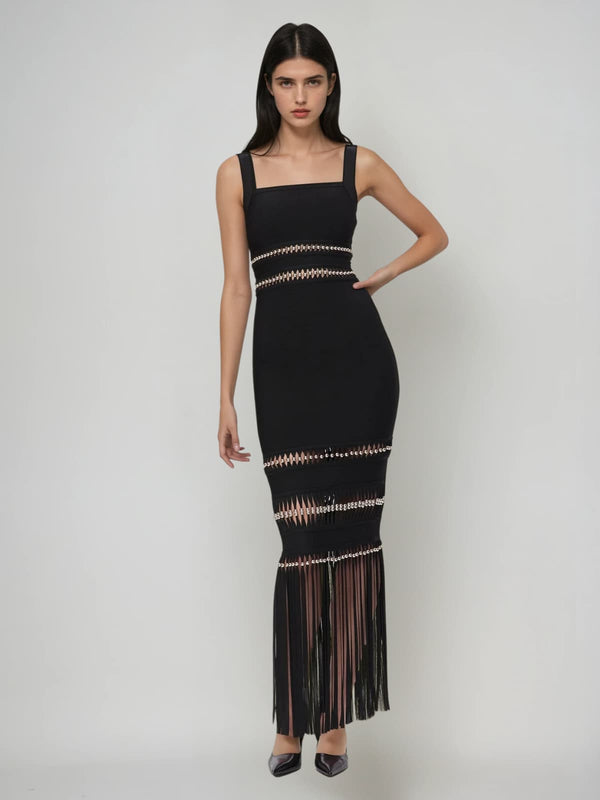 Ouida Cutout Fringe Maxi Dress In Black