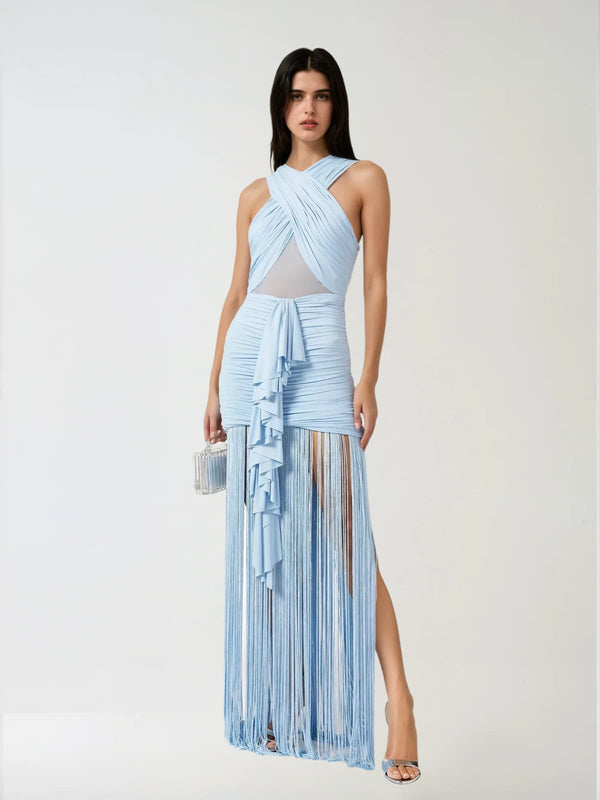 Ouray Sleeveless Ruched Fringe Maxi Dress