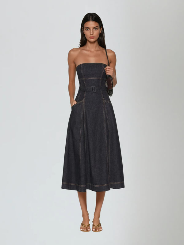 Ovoris Strapless Denim Midi Dress