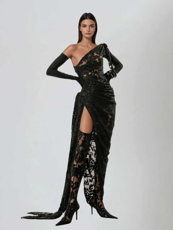 Owena One Shoulder Lace Split Midi Dress