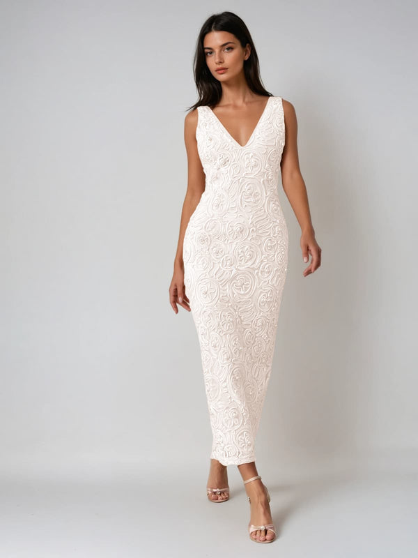 Ozcollo Plunge Neck Floral Pearl Maxi Dress