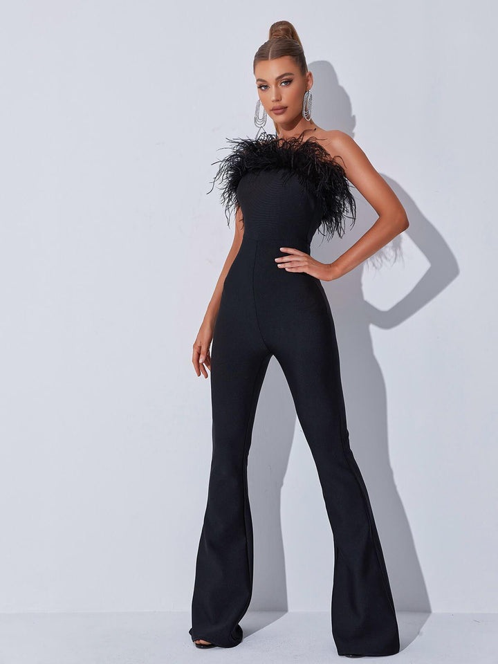 Padma Bandeau Feather Bandage Jumpsuit In Black - Mew Mews