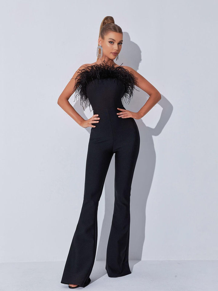 Padma Bandeau Feather Bandage Jumpsuit In Black - Mew Mews