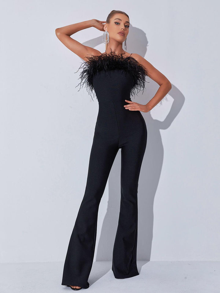 Padma Bandeau Feather Bandage Jumpsuit In Black - Mew Mews