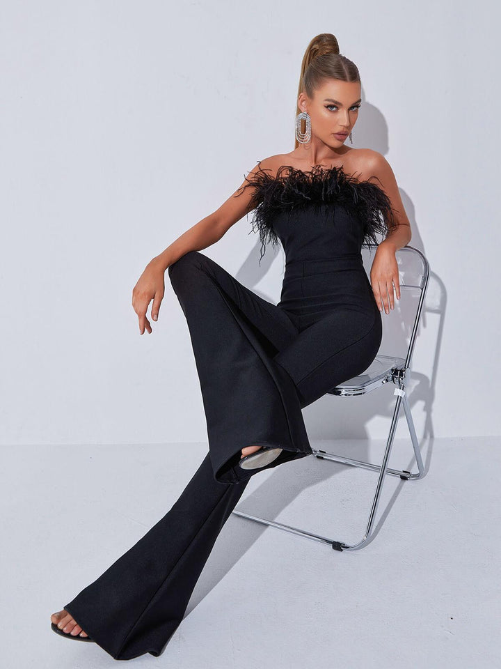 Padma Bandeau Feather Bandage Jumpsuit In Black - Mew Mews