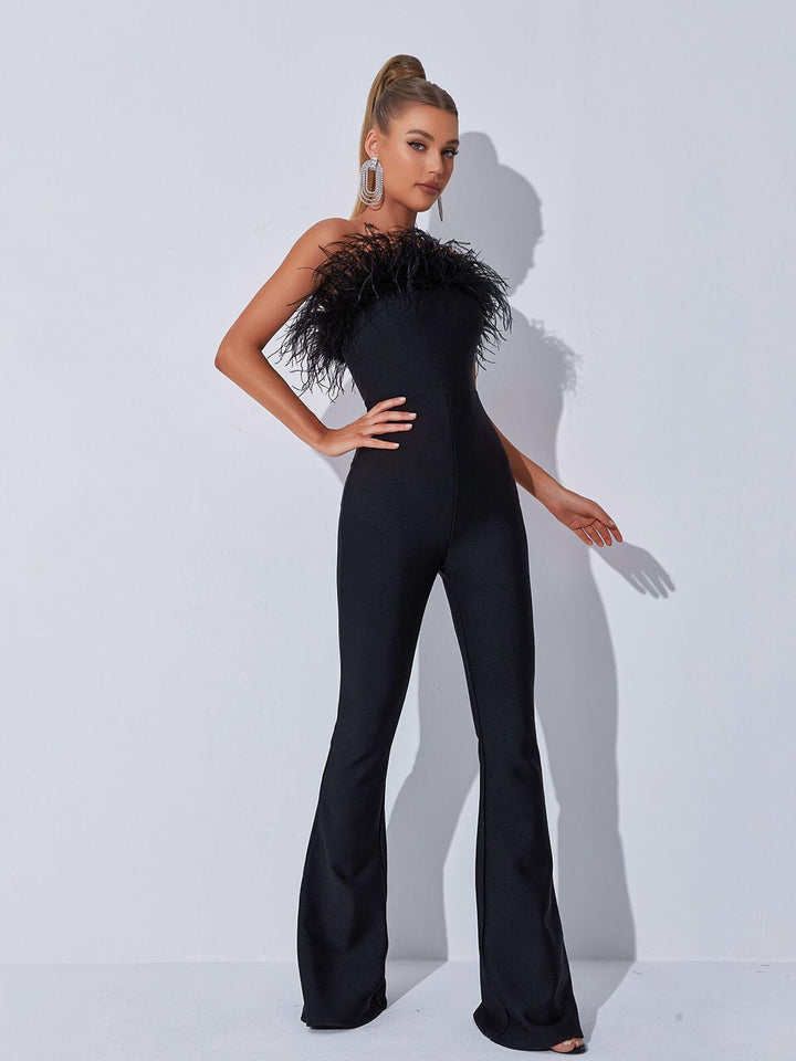 Padma Bandeau Feather Bandage Jumpsuit In Black - Mew Mews