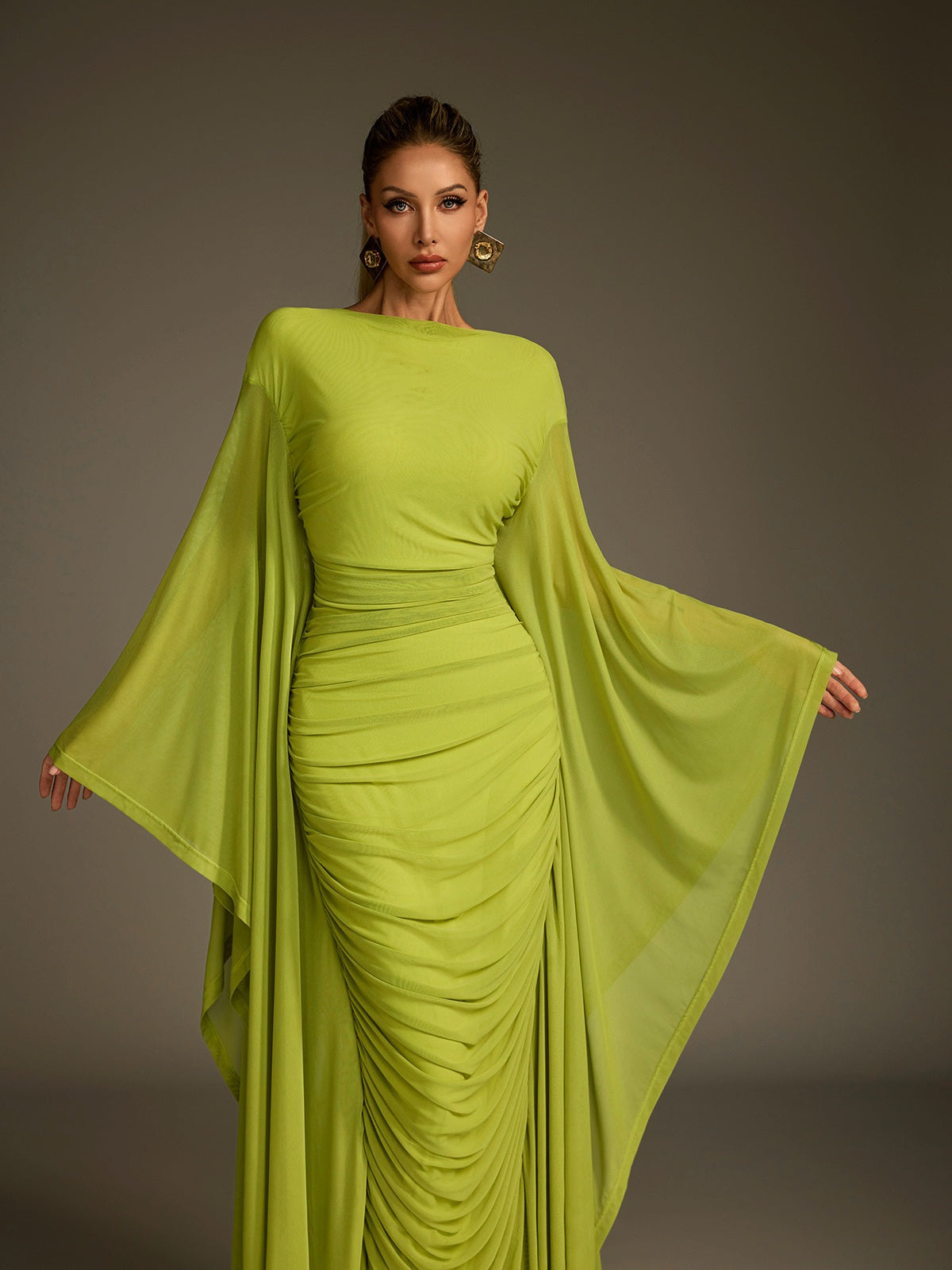 long sleeve split maxi dress Mew Mews Paelyra Ruched Flattering Fit Crepe Pearl Trim Bell Body Con Color:ORANGE 20