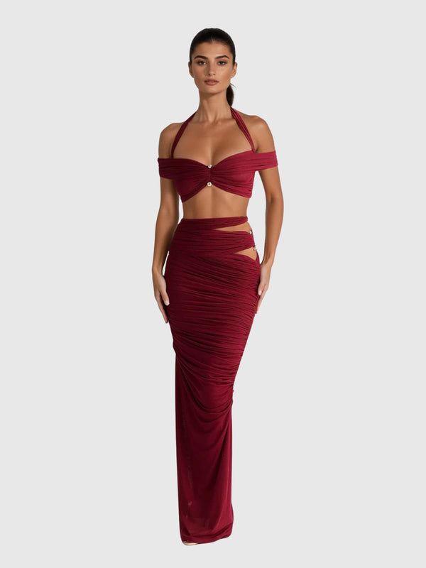 Paelyth Off Shoulder Cutout Ruched Skirt Set