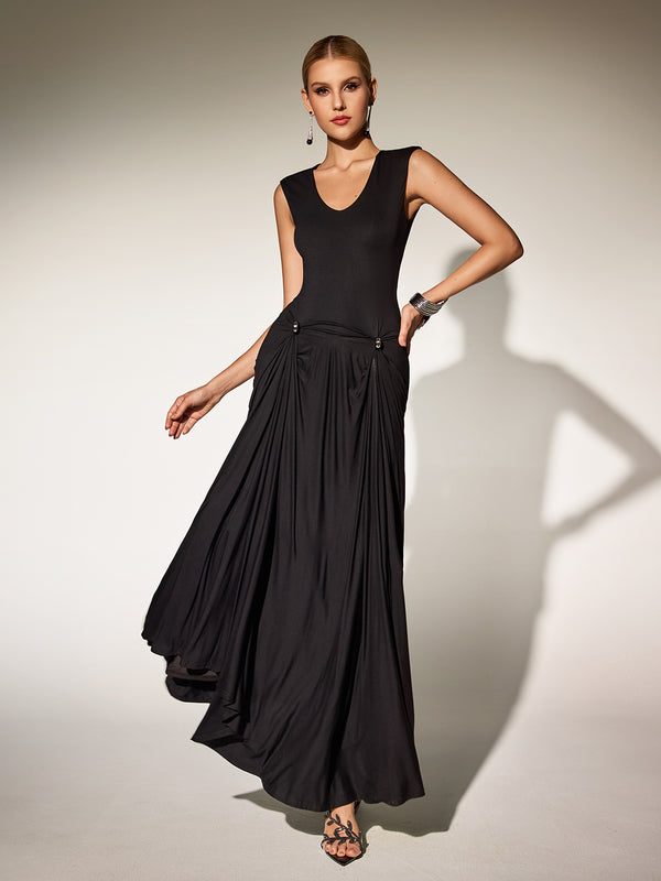 Paldor V Neck Ruched Maxi Dress In Black