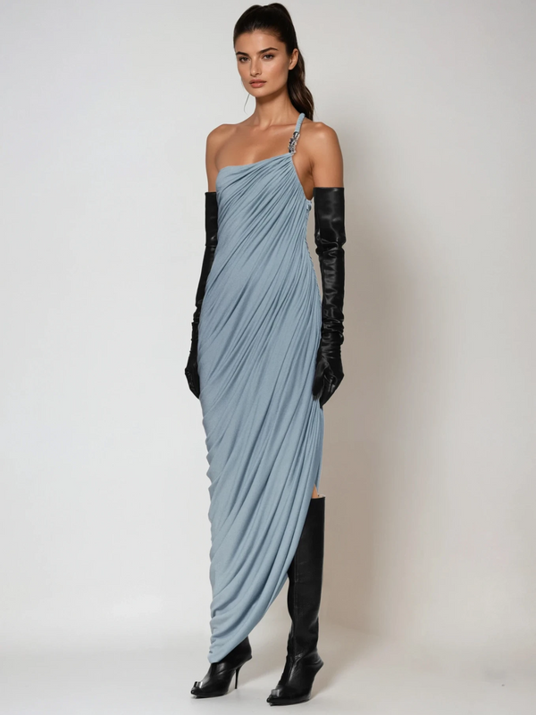 Paldrex Asymmetric Ruched Maxi Dress In Blue