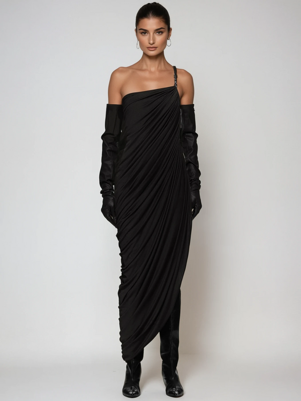 Paldrex Asymmetric Ruched Maxi Dress In Black