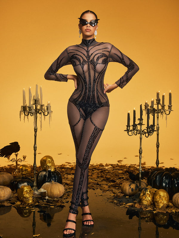 Pamuel Rhinestone Mesh Jumpsuit