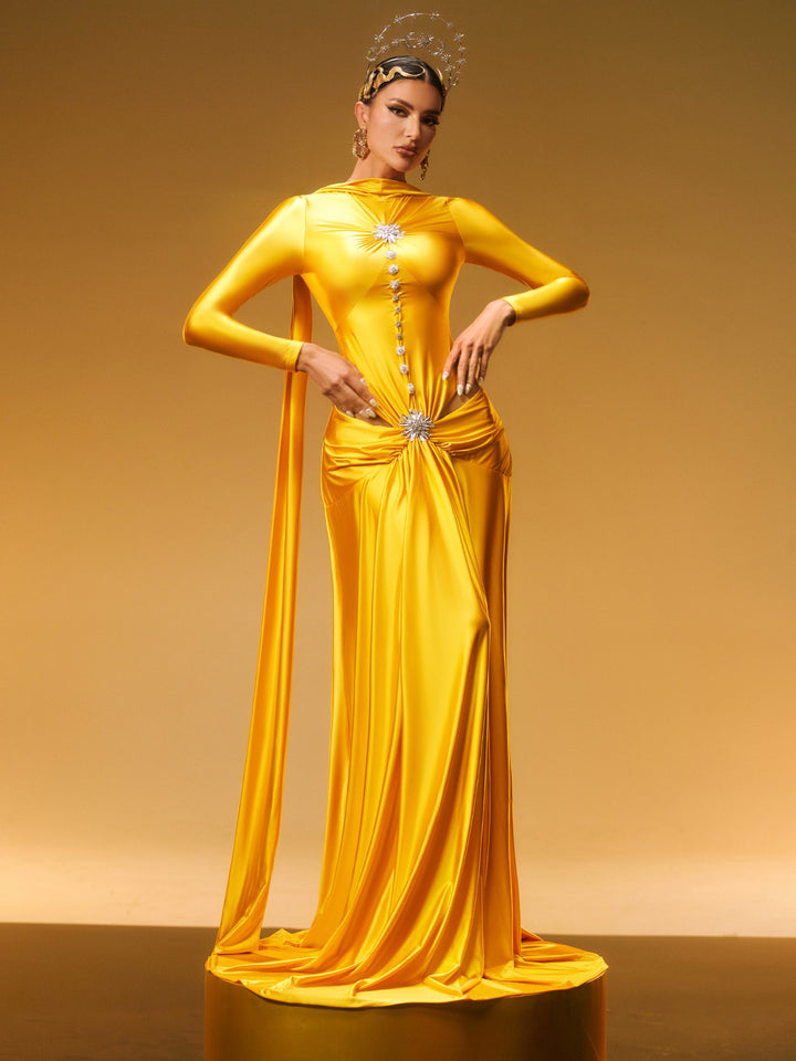 Panya Long Sleeve Crystal Satin Maxi Dress Mew Mews Panya Long Sleeve Crystal Satin Maxi Dress Mew Mews