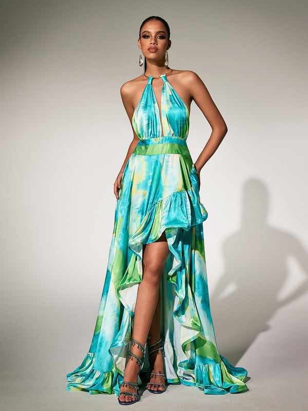Paras Halterneck Printed Ruffle Maxi Dress