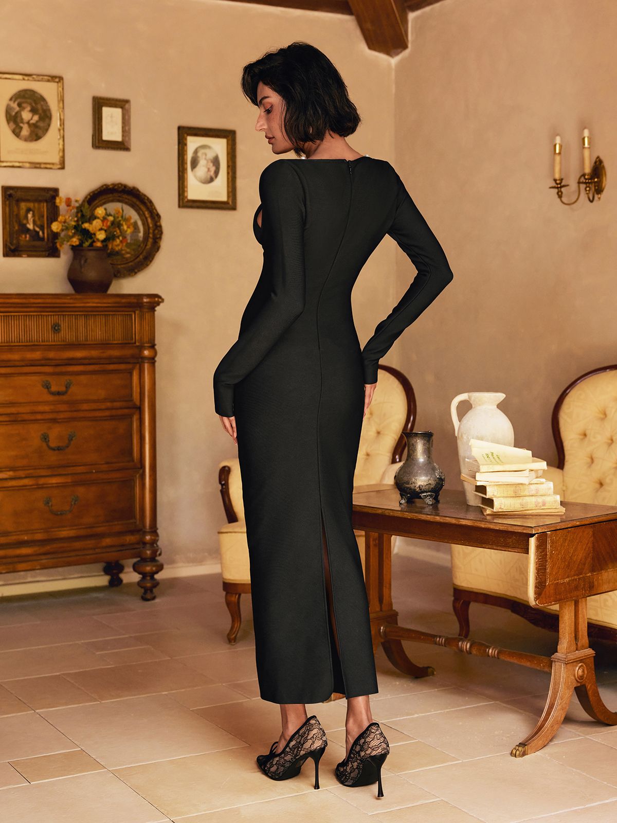 pearl sleeve midi dress Mew Mews Patricia Long Sleeve Pearl Bandage Midi Dress