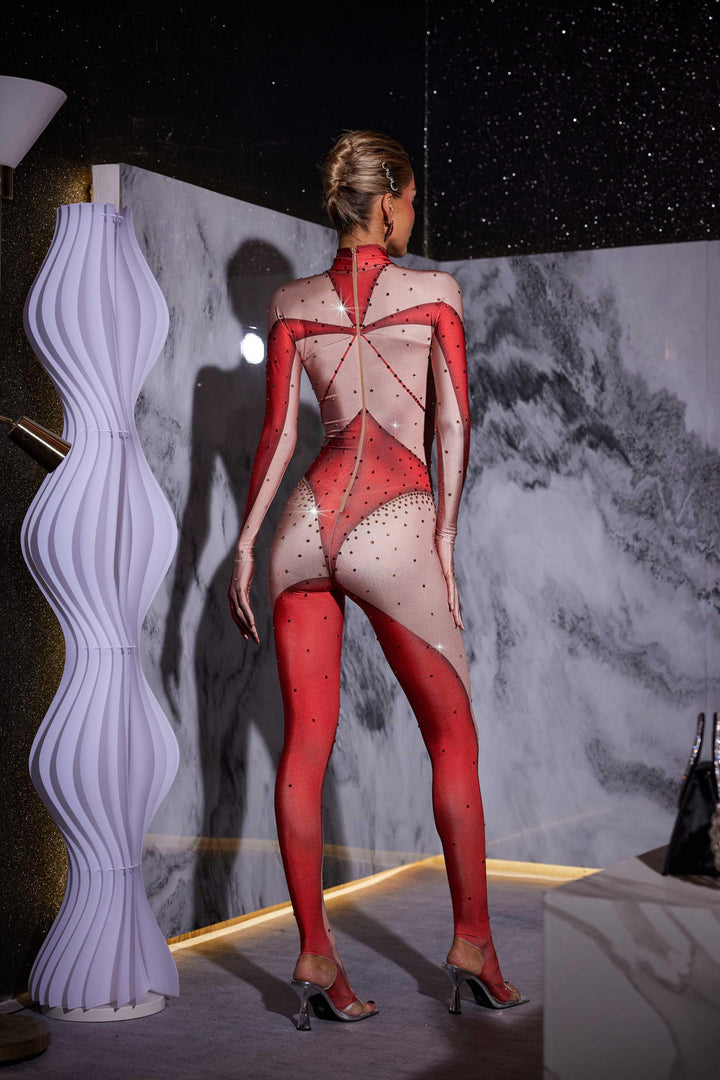 Pera Body Printed Rhinestone Gloves Jumpsuit In Red – Mew Mews