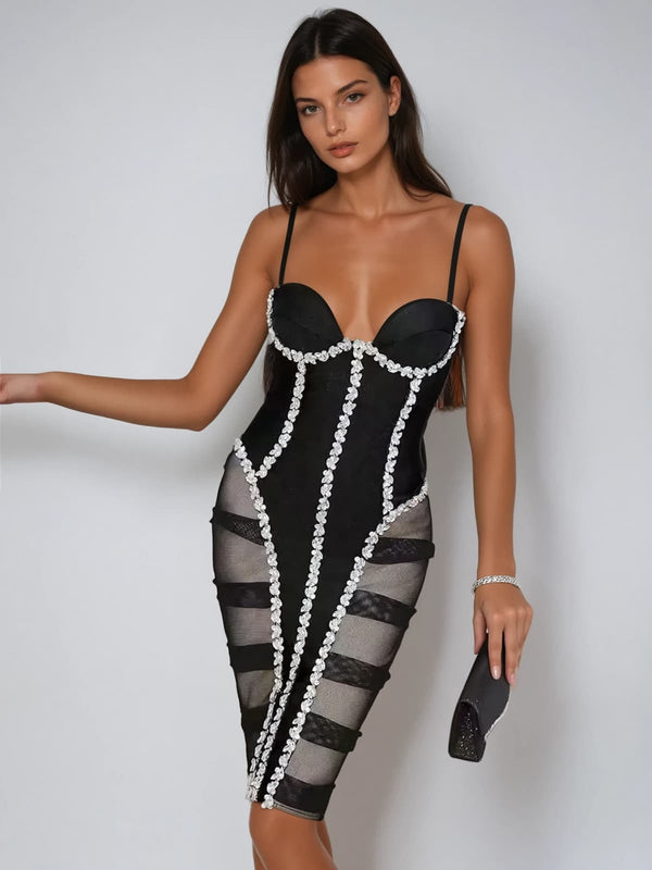 Plthrion Spaghetti Crystal Midi Dress