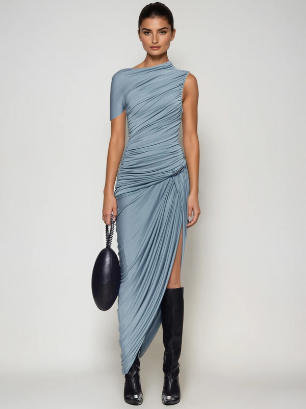 Pryxan One Shoulder Ruched Split Maxi Dress