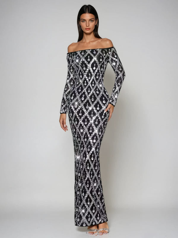 Pryxel Off Shoulder Crystal Maxi Dress
