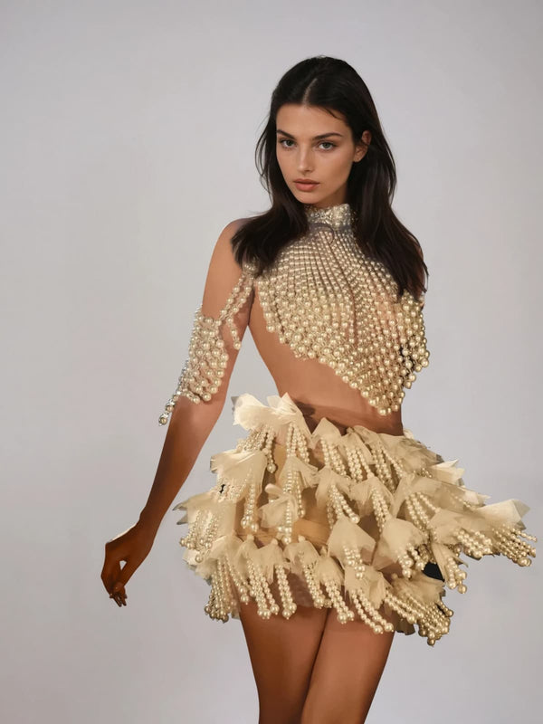 Pryxia Backless Pearl Fringe Skirt Set