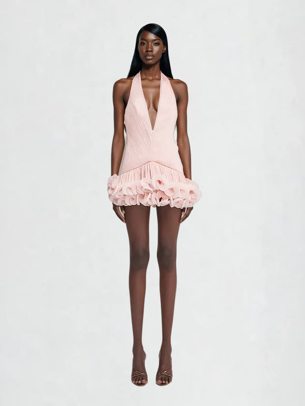 Pvyra Plunge Neck Flower Fringe Mini Dress