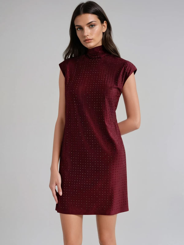 Pxion High Neck Rhinestones Mini Dress In Wine