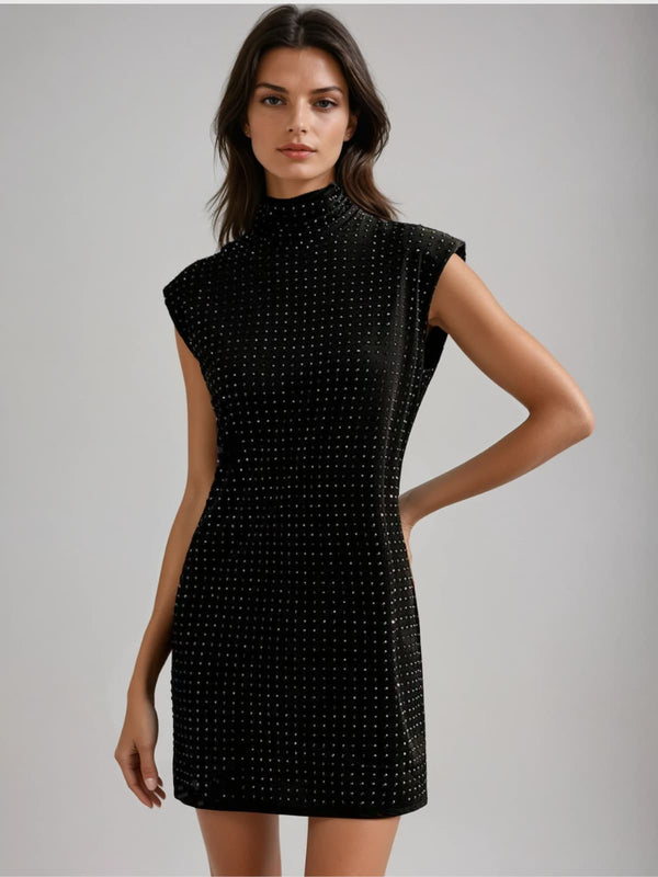 Pxion High Neck Rhinestones Mini Dress