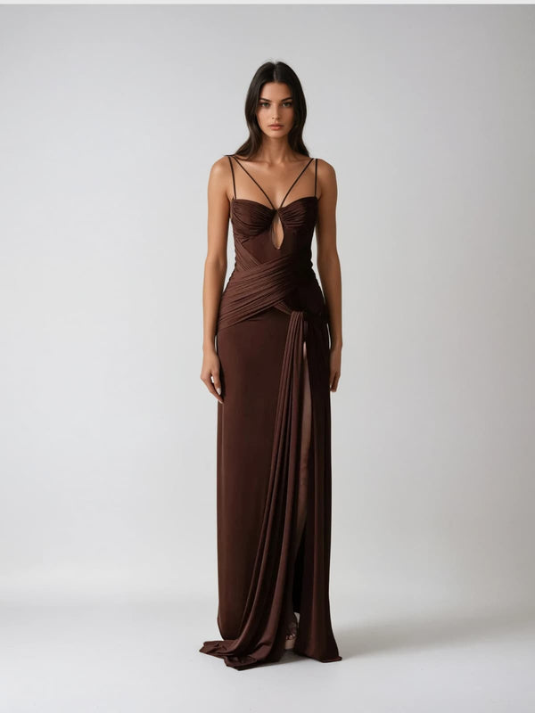 Pzron Ruched Draped Split Maxi Dress