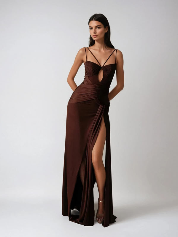 Pzron Ruched Draped Split Maxi Dress