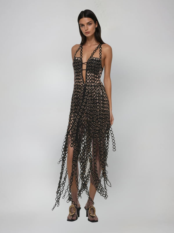 Pzvara Plunge Neck Fringe Cutout Maxi Dress