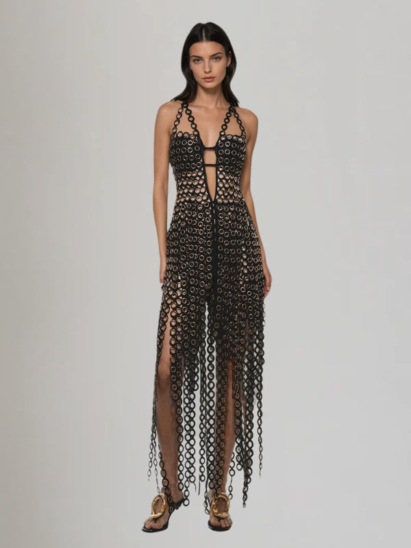Pzvara Plunge Neck Fringe Cutout Maxi Dress