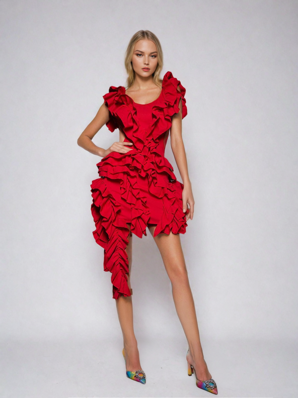 Margie Cutout Ruffle Tiered Dress In Red - Mew Mews