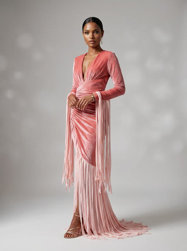 Qgatex V Neck Ruched Fringe Maxi Dress