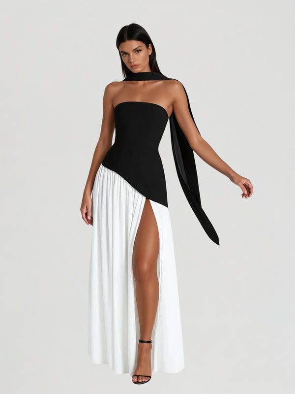 Qryxan Strapless Draped Split Maxi Dress In Black