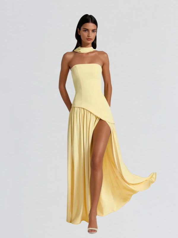 Qryxan Strapless Draped Split Maxi Dress In Yellow