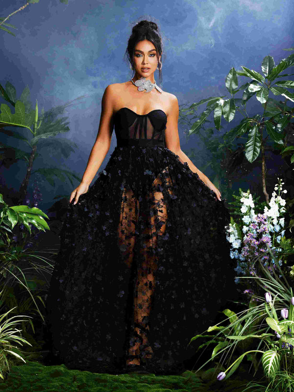 Qunsia Strapless Flower Mesh Maxi Dress