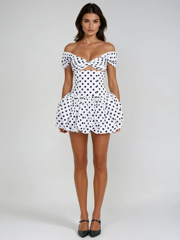Qyren Off Shoulder Dot Cutout Bubble Mini Dress