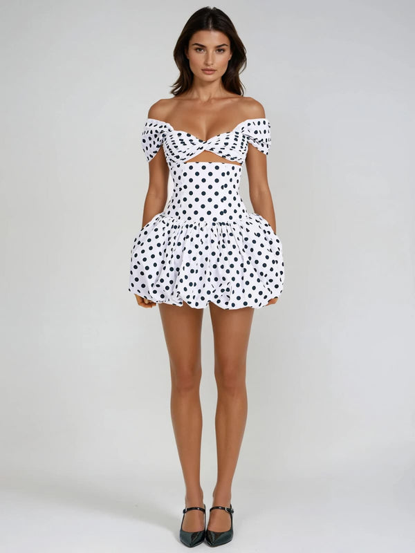 Qyren Off Shoulder Dot Cutout Bubble Mini Dress