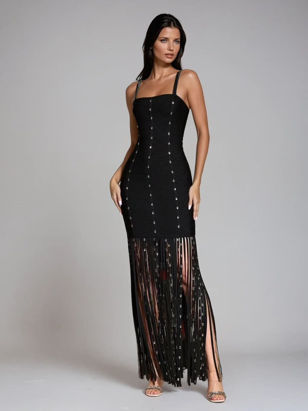 Raeldriel Crystal Fringe Bandage Maxi Dress