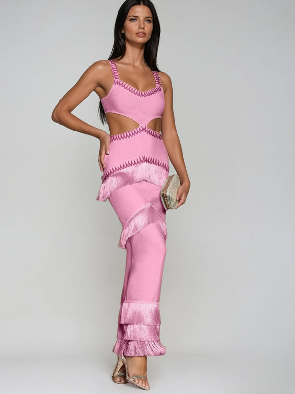 Raeldrin Cutout Fringe Bandage Maxi Dress