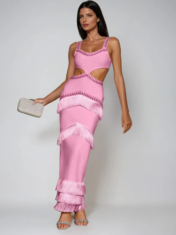 Raeldrin Cutout Fringe Bandage Maxi Dress
