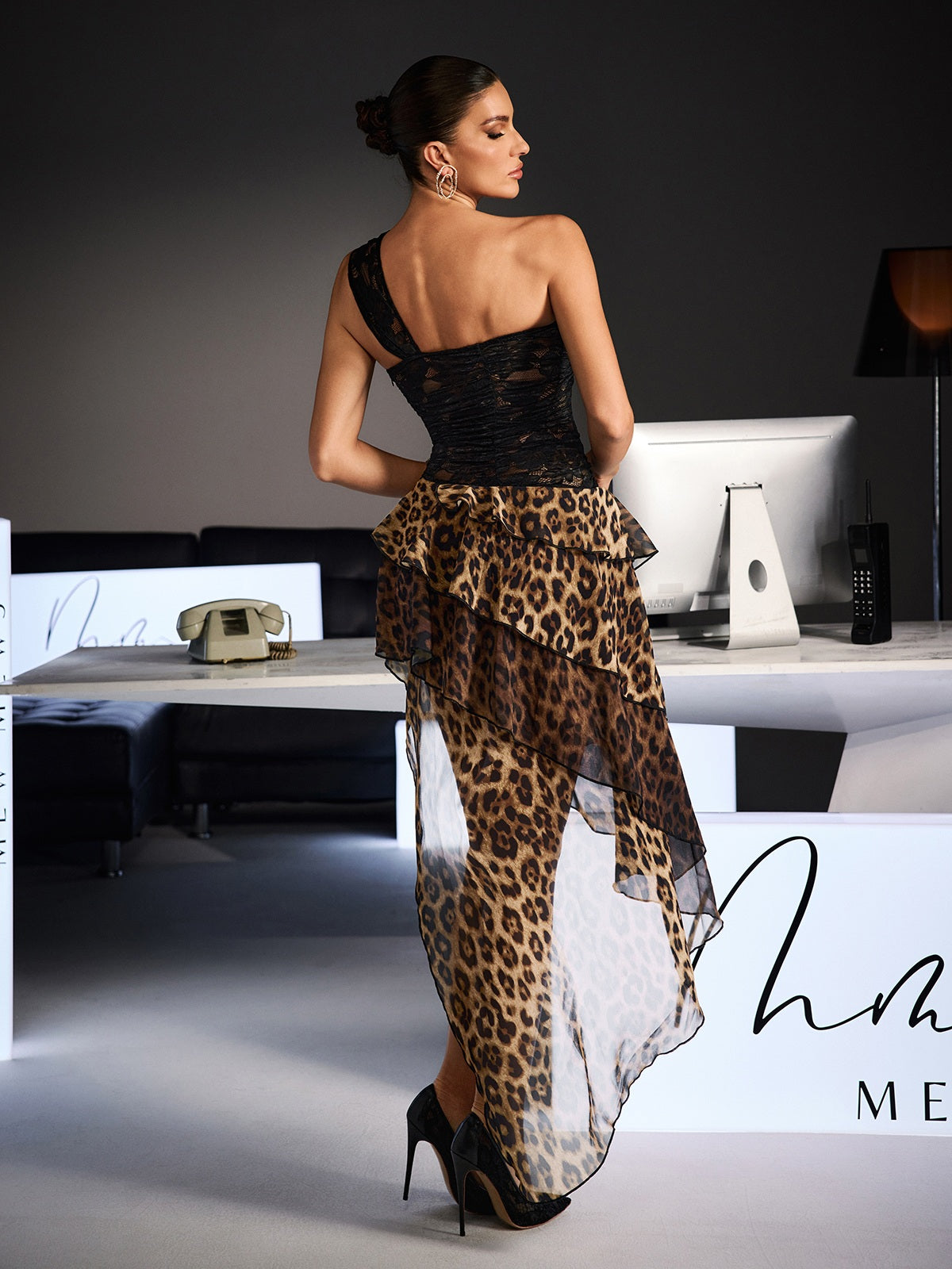 black white leopard print dress Lazaro One Shoulder Lace Leopard Maxi Dress L