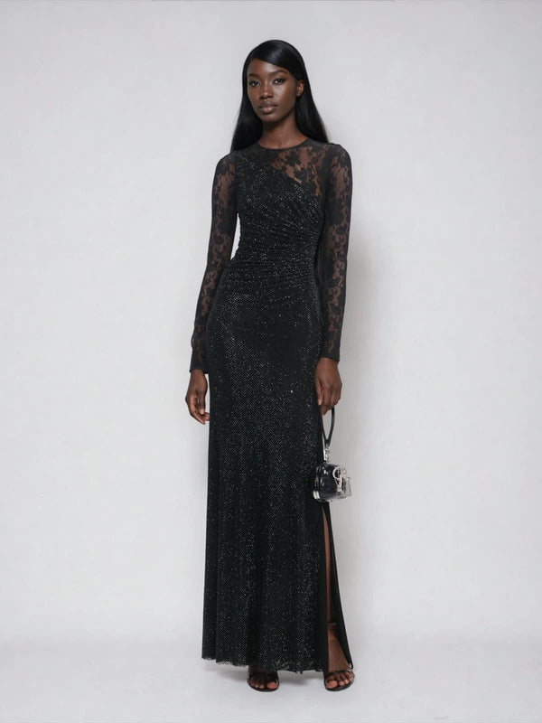 Raerion Rhinestone Lace Split Maxi Dress