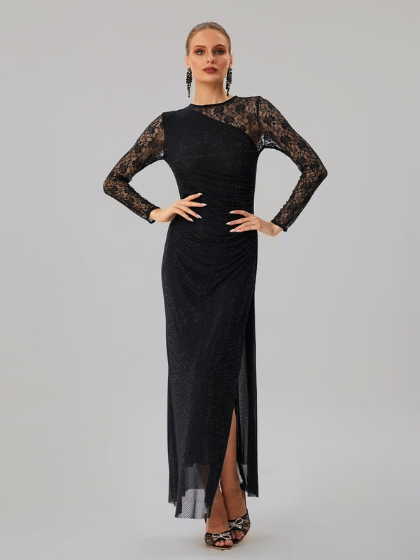 Raerion Rhinestone Lace Split Maxi Dress In Black