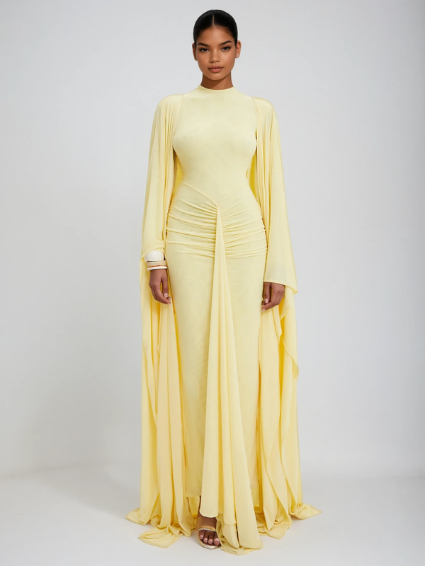 Raldrix Shawl Ruched Draped Maxi Dress In Yellow