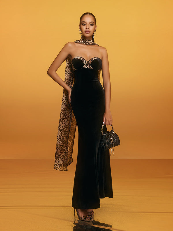 Rawan Strapless Leopard Velvet Maxi Dress