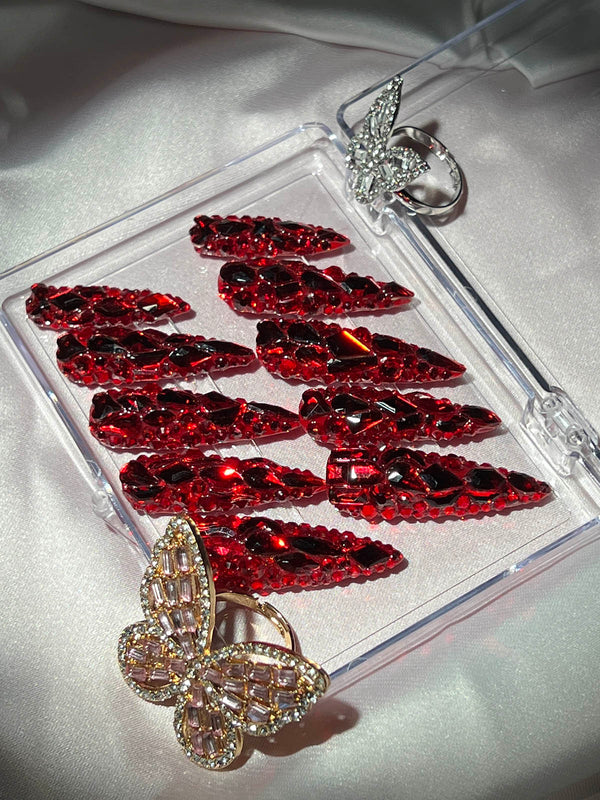 Red Crystal Stilleto Handmade Press On Nails