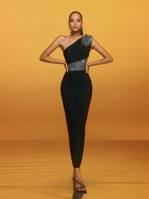 Reeves One Shoulder Rhinestone Maxi Dress