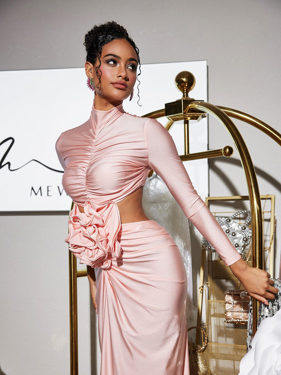 Renwick Long Sleeve Flower Cutout Maxi Dress In Pink – Mew Mews